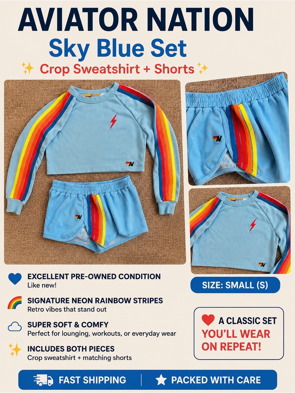 Aviator Nation Sky Blue Neon Rainbow Stripe Crop Sweatshirt + Matching Shorts